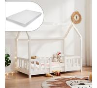 [en.casa] Cama para Niños de Madera Pino Sisimiut con Colchón Espuma Fría 70 x 140 cm Cama Infantil con Reja Protectora Somier Forma de Casita - Blanco