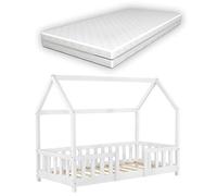 [en.casa] Cama para Niños de Madera Pino Sisimiut con Colchón Espuma Fría 70 x 140 cm Cama Infantil con Reja Protectora Somier Forma de Casita - Blanco
