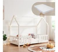 [en.casa] Cama para Niños de Madera Pino Sisimiut con Colchón Espuma Fría 80 x 160 cm Cama Infantil con Reja Protectora Somier Forma de Casita - Blanco