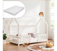 [en.casa] Cama para Niños de Madera Pino Sisimiut con Colchón Espuma Fría 80 x 160 cm Cama Infantil con Reja Protectora Somier Forma de Casita - Blanco
