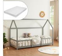 [en.casa] Cama para Niños de Madera Pino Sisimiut con Colchón Espuma Fría 90 x 200 cm Cama Infantil con Reja Protectora Somier Forma de Casita - Gris Claro/Blanco