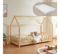 [en.casa] Cama para Niños de Madera Pino Sisimiut con Colchón Espuma Fría 90 x 200 cm Cama Infantil con Reja Protectora Somier Forma de Casita - Pino Natural