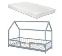 [en.casa] Cama para Niños de Madera Pino Sisimiut con Colchón Espuma Fría 90 x 200 cm Cama Infantil con Reja Protectora Somier Forma de Casita - Gris Claro/Blanco