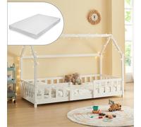[en.casa] Cama para Niños de Madera Pino Sisimiut con Colchón Espuma Fría 90 x 200 cm Cama Infantil con Reja Protectora Somier Forma de Casita - Blanco