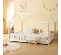 [en.casa] Cama para Niños Decrativa Cama Infantil Individual con Somier y Barandilla Estructura en Forma de Casa Estilo Montessori Madera de Pino 120 x 200 cm - Blanco