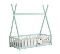 [en.casa] Cama para Niños Helsingborg Pequeños Estructura Tipi Indio Cama Montessori con Somier Cama Infantil con Reja de Seguridad Carga máx. 80 kg Madera Pino 70 x 140 cm - Verde Menta