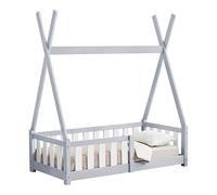 [en.casa] Cama para Niños Helsingborg Pequeños Estructura Tipi Indio Cama Montessori con Somier Cama Infantil con Reja de Seguridad Carga máx. 80 kg Madera Pino 70 x 140 cm - Gris Claro