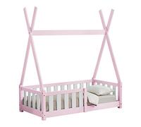 [en.casa] Cama para Niños Helsingborg Pequeños Estructura Tipi Indio Cama Montessori con Somier Cama Infantil con Reja de Seguridad Carga máx. 80 kg Madera Pino 70 x 140 cm - Rosa