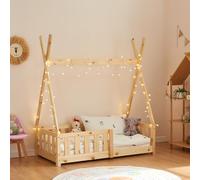 [en.casa] Cama para Niños Helsingborg Pequeños Estructura Tipi Indio Cama Montessori con Somier Cama Infantil con reja de Seguridad Carga máx. 80 kg Madera Pino 70 x 140 cm - Natural