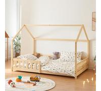 [en.casa] Cama para Niños Hesel Decorativa Cama Infantil con Somier y Barandilla Estructura en Forma de Casa Estilo Montessori Madera de Pino 140 x 200 cm - Efecto Madera