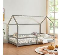[en.casa] Cama para Niños Hesel Decrativa Cama Infantil Individual con Somier y Barandilla Estructura en Forma de Casa Estilo Montessori Madera de Pino 120 x 200 cm - Gris