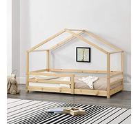 [en.casa] Cama para Niños Knätten Decorativa Cama Infantil con Somier y Reja de Seguridad Estructura en Forma de Casa Estilo Montessori Madera de Pino 80 x 160 cm Natural