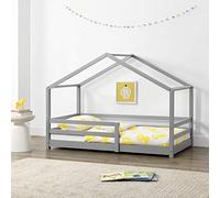[en.casa] Cama para Niños Knätten Decorativa Cama Infantil con Somier y Reja de Seguridad Estructura en Forma de Casa Estilo Montessori Madera de Pino 90 x 200 cm Gris Claro Lacado Mate