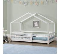 [en.casa] Cama para Niños Knätten Decorativa Cama Infantil con Somier y Reja de Seguridad Estructura en Forma de Casa Estilo Montessori Madera de Pino 80 x 160 cm - Blanco Lacado Mate