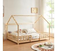 [en.casa] Cama para Niños Sisimiut de Madera Pino 120 x 200 cm Cama Infantil con Reja Protectora y Somier Forma de Casa Casita - Pino Natural