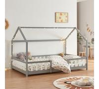 [en.casa] Cama para Niños Sisimiut de Madera Pino 120 x 200 cm Cama Infantil con Reja Protectora y Somier Forma de Casa Casita - Gris
