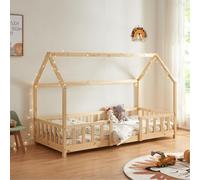 [en.casa] Cama para Niños Sisimiut de Madera Pino 90 x 200 cm Cama Infantil con Reja Protectora y Somier Forma de Casa Casita - Pino Natural