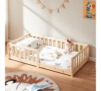 [en.casa] Cama para Niños Tanna Cama Infantil de Estilo Montessori con Somier y Barandilla de Protección Madera Pino 80 x 160 cm - Natural