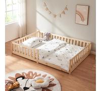 [en.casa] Cama para Niños Tanna Cama Infantil de Estilo Montessori con Somier y Barandilla de Protección Madera Pino 140 x 200 cm - Natural