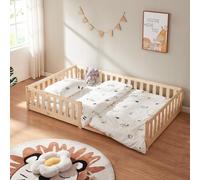 [en.casa] Cama para Niños Tanna Cama Infantil de Estilo Montessori con Somier y Barandilla de Protección Madera Pino 120 x 200 cm - Natural