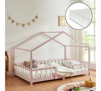 [en.casa] Cama para niños Treviolo de Madera Pino con Colchón de Espuma fría 120 x 200 cm Cama Infantil con Reja Protectora Casita Forma de casa - Rosa