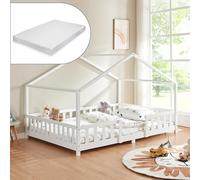 [en.casa] Cama para niños Treviolo de Madera Pino con Colchón de Espuma fría 140 x 200 cm Cama Infantil con Reja Protectora Casita Forma de casa - Blanco Lacado Mate