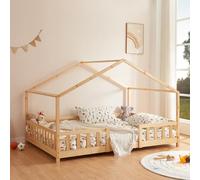[en.casa] Cama para niños Treviolo de Madera Pino con Colchón de Espuma fría 90 x 200 cm Cama Infantil con Reja Protectora Casita Forma de casa - Pino Natural