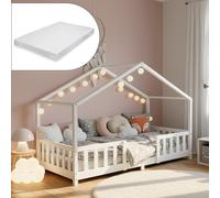 [en.casa] Cama para niños Treviolo de Madera Pino con Colchón Ortopédico de Espuma fría 70 x 140 cm Cama Infantil con Reja Protectora Casita Forma de casa - Blanco Mate