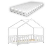 [en.casa] Cama para niños Treviolo de Madera Pino con Colchón Ortopédico de Espuma fría 80 x 160 cm Cama Infantil con Reja Protectora Casita Forma de casa - Blanco Mate