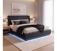 Cama tapizado led tröstiar con somier abatible polipiel 160x200cm - negro [en.casa]