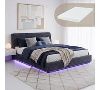 Cama tapizado led tröstiar con somier abatible + colchón lino 180x200cm azul [en.casa]