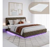 [en.casa] Cama tapizada LED RGB colchón 180x200 cm Tröstiar Lino Verde | Cama doble con iluminación cama de 180 x 200 espacio de almacenamiento, cabecero canapé abatible y somier de láminas
