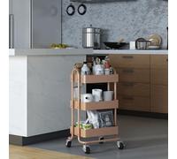 [en.casa] Carro de Servicio con 3 Cestas Estantería de Baño con 4 Ruedas Carrito de Cocina Multiusos Versátil Resistente Acero 79 x 46 x 35 cm - Marrón Claro