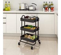 [en.casa] Carro de Servicio con 3 Cestas Estantería de Baño con 4 Ruedas Carrito de Cocina Multiusos Versátil Resistente Acero 79 x 46 x 35 cm - Negro Mate