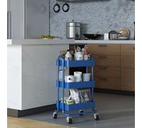 [en.casa] Carro de Servicio con 3 Cestas Estantería de Baño con 4 Ruedas Carrito de Cocina Multiusos Versátil Resistente Acero 79 x 46 x 35 cm - Azul