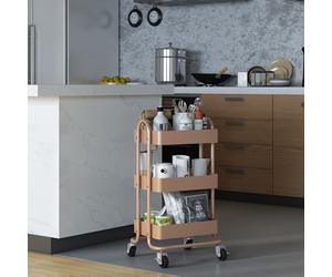 [en.casa] Carro de Servicio con 3 Cestas Estantería de Baño con 4 Ruedas Carrito de Cocina Multiusos Versátil Resistente Acero 79 x 46 x 35 cm - Marrón Claro