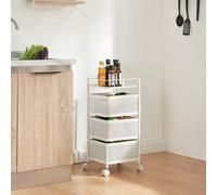 [en.casa] Carro de Servicio con 3 Cestas Rectangulares Verdulero con Paredes Perforadas y 2 Cestas Superiores Giratorias Carrito de Cocina Baño con 4 Ruedas Acero 65x27x27 cm - Blanco