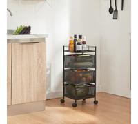 [en.casa] Carro de Servicio con 3 Cestas Rectangulares Verdulero con Paredes Perforadas y 2 Cestas Superiores Giratorias Carrito de Cocina Baño con 4 Ruedas Acero 65x27x27 cm - Negro