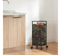 [en.casa] Carro de Servicio con 3 Cestas Redondas Carrito de Cocina Baño con 4 Ruedas Carrito de Verduras con Paredes Perforadas y 2 Cestas Superiores Giratorias Acero 60xØ33cm - Negro