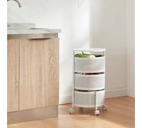 [en.casa] Carro de Servicio con 3 Cestas Redondas Carrito de Cocina Baño con 4 Ruedas Carrito de Verduras con Paredes Perforadas y 2 Cestas Superiores Giratorias Acero 60xØ33cm - Blanco