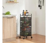 [en.casa] Carro de Servicio con 4 Cestas Rectangulares Verdulero con Paredes Perforadas y 3 Cestas Superiores Giratorias Carrito de Cocina Baño con 4 Ruedas Acero 80x27x27 cm - Negro