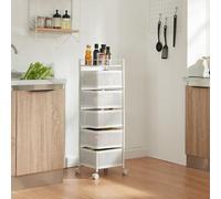 [en.casa] Carro de Servicio con 5 Cestas Rectangulares Verdulero con Paredes Perforadas y 4 Cestas Superiores Giratorias Carrito de Cocina Baño con 4 Ruedas Acero 95x27x27 cm - Blanco