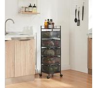 [en.casa] Carro de Servicio con 5 Cestas Rectangulares Verdulero con Paredes Perforadas y 4 Cestas Superiores Giratorias Carrito de Cocina Baño con 4 Ruedas Acero 95x27x27 cm - Negro