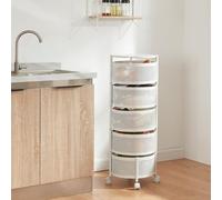 [en.casa] Carro de Servicio con 5 Cestas Redondas Carrito de Cocina Baño con 4 Ruedas Carrito de Verduras con Paredes Perforadas y 4 Cestas Superiores Giratorias Acero 90xØ33cm - Blanco