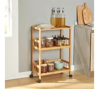 [en.casa] Carro de Servicio Huddinge de 3 Niveles Carrito de Restaurante Estantería de Baño con 3 Estantes y 4 Ruedas Carrito de Cocina Versátil Bambú 80 x 53 x 30 cm - Natural y Negro