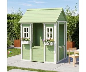 [en.casa] Casita Infantil Kuoldsvin Casa de Niños Exterior con Jardineras Casa de Juegos con Ventanas y Puerta Madera de Abeto 144 x 107 x 90 cm - Verde/Blanco