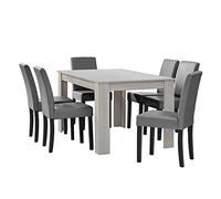 [en.casa] Conjunto de Mesa Comedor Forssa 140 x 90 x 77 cm + Set de 6 Sillas de Polipiel 90 x 42 x 48 cm Juego de Meubles de Comedor MDF - Roble Blanco + Gris Claro