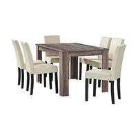 [en.casa] Conjunto de Mesa Comedor Forssa 140 x 90 x 77 cm + Set de 6 Sillas de Polipiel 90 x 42 x 48 cm Juego de Meubles de Comedor MDF - Roble Antiguo + Crema