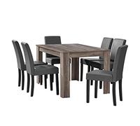 Mesa de comedor + 6 sillas forssa mdf y polipiel 140x90x77cm - roble antiguo + gris oscuro [en.casa]