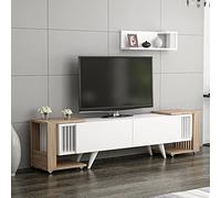 [en.casa] Conjunto de Mueble de Salón - Mesa TV 1 Estante de Pared 2 Mesas Auxiliares Rodantes - Aglomerado/Plástico 41 x 150 x 32 cm Blanco/Roble